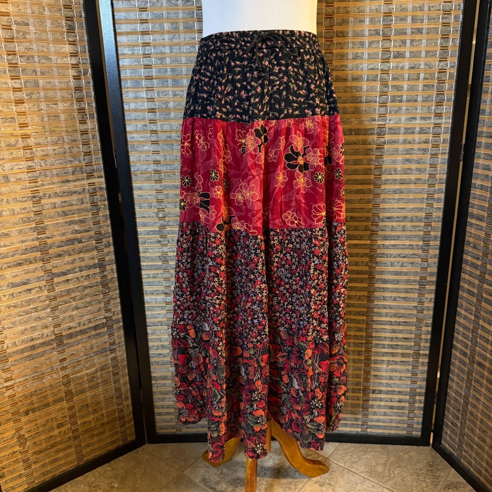 Vintage Sage Harbor Maxi Skirt Women XL Floral Patchwork Boho Tiered Cotton